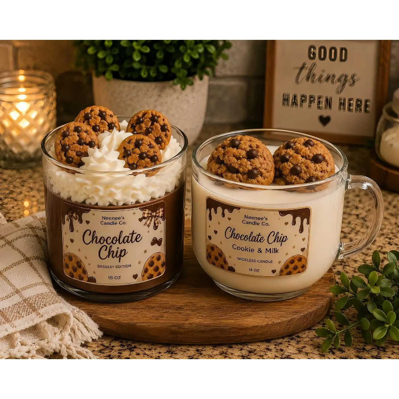 Neenee's Candle Co. Chocolate Chip Cookie & Milk Wickless Candle Handcrafted with Premium Soy Wax Realistic Wax Embeds for Kitchen & Coffee Bar Décor soy candle soy