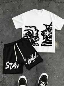 Men's Summer Streetwear Graffiti Style Short Sleeve Shorts Set, Oversize Loose Fit High Street Fashion Two-Piece