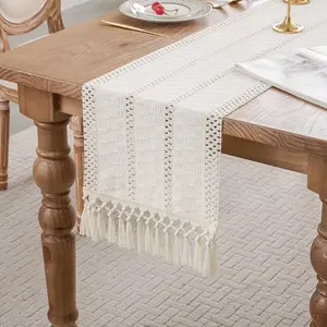 White woven table runner, 48 inches long Rustic wardrobe cover Fringed bohemian-style coffee table decoration