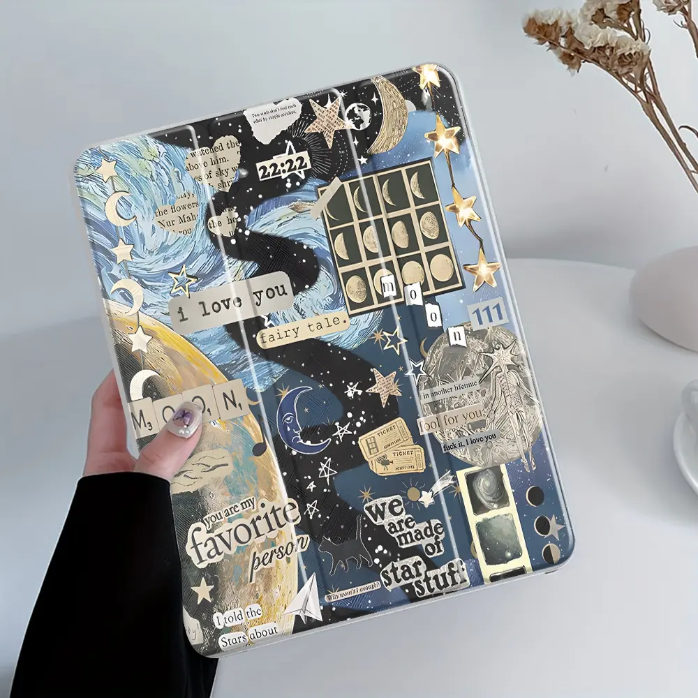 iPad Case, Tablet Accessories, Trifold Stand, Tri-Fold Stand Case for iPad, Transparent Acrylic Hard Back, Moon & Star Collage design, Pencil and Charger Slots, Ultra-Thin Scratch-Resistant Design for iPad 10.2inch, Mini, Ideal for Work