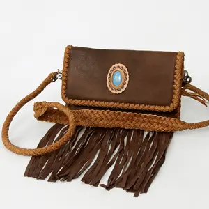 American Darling Small Cross body Bag, Genuine Vegetable-Tanned Leather Western Purse with Fringes & Braided Detail