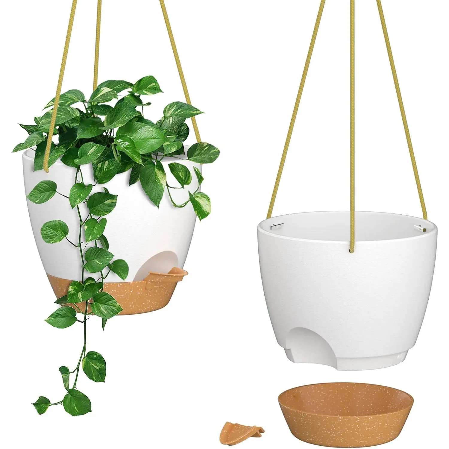 6.5 Inch Hanging Planters for Indoor Outdoor , 2 Pack Self Watering Hanging  Pots with Drainage Holes and Removable Saucer, Plastic Flower Hanging Pots with Watering Lip (White)