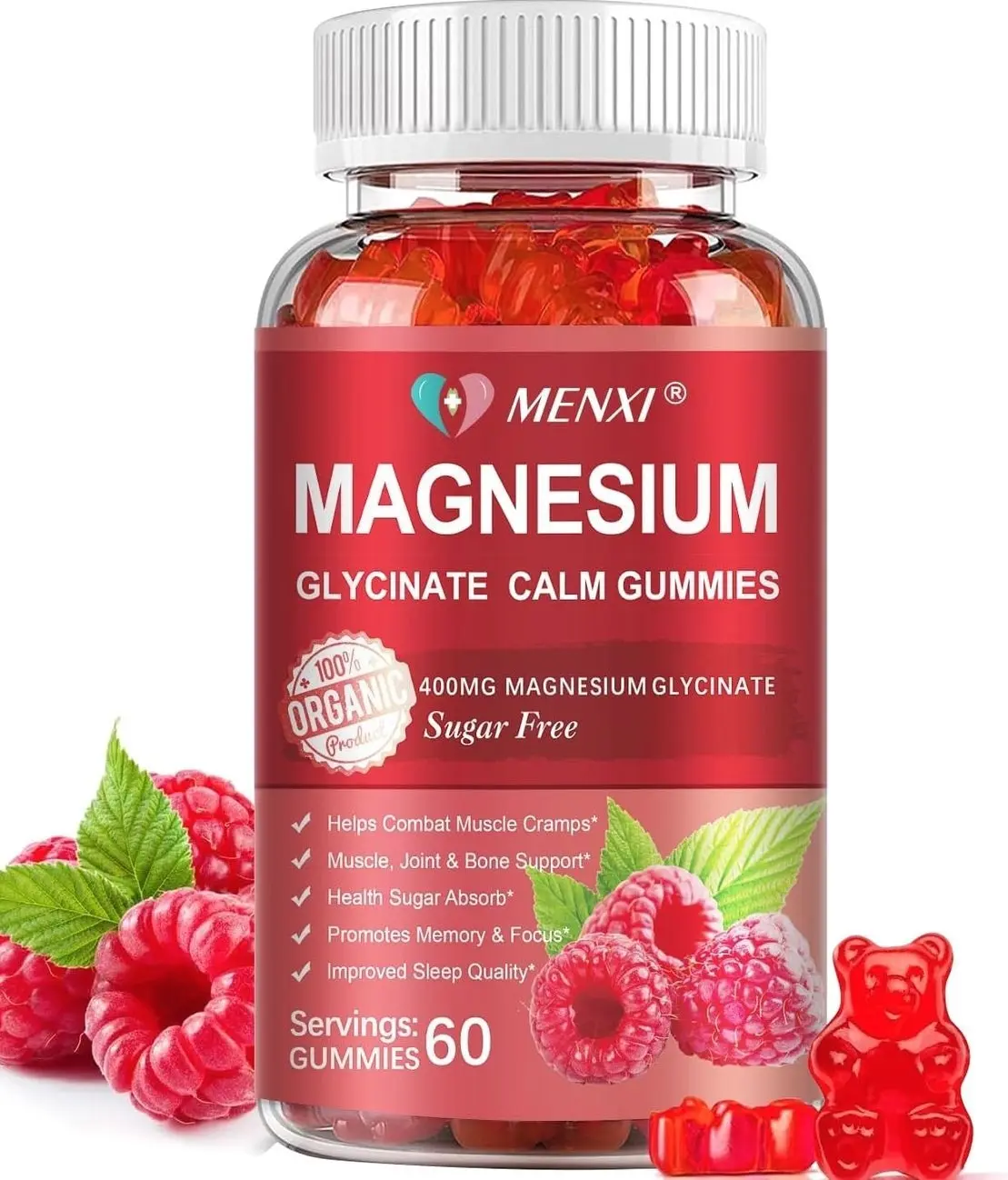 Magnesium Gummies 600mg per Serving-Magnesium Glycinate 400mg and Magnesium Malate 200mg,Sugar Free Magnesium Potassium Supplement for Calm Mood, Muscle, Bone & Sleep Support, 60 Raspberry Gummies