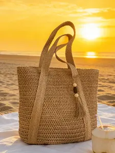 Lazy style casual simple and versatile woven tote bag with beaded tassel pendant decoration, fashionable solid color retro practical texture shoulder bag, suitable for beach vacation and outdoor travel
