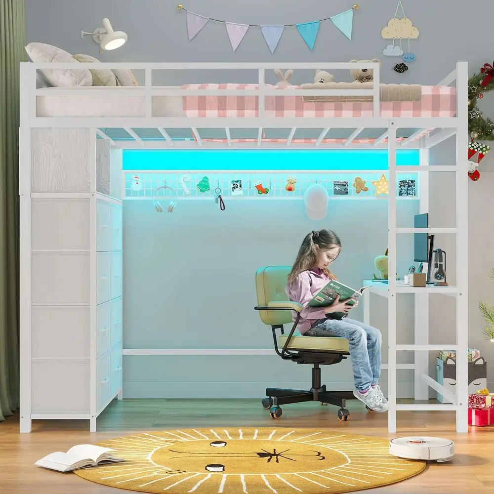 SIKAIC Twin Loft Bed with Desk and 8 Storage Drawers, White Metal Bed Frame with LED Lights and USB Charging SIKAIC Twin Loft Bed with Desk and 8 Storage Drawers, White Metal Bed Frame with LED Lights and USB Charging