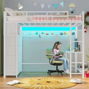 SIKAIC Twin Size Metal Loft Bed with Desk & 8 Drawers, White Kids Bed with Charging Station & LED Lights, No Box Spring Required