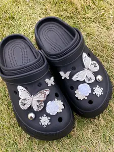 10pcs Cute Silver Color Rhinestone Butterfly Snowflake Rose Shoe Decorations, Bling Shoe Charms, DIY Creative Casual Accessories for Parties and Special Occasions