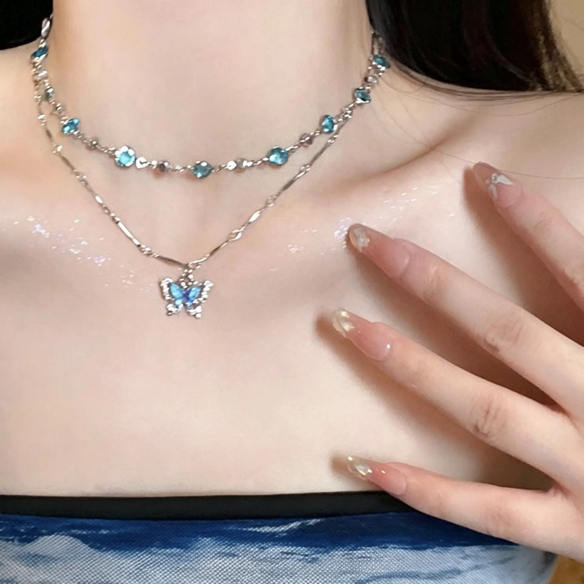 Blue Double-Layer Butterfly Necklace for Women accessories for women Trendy Light Luxury Niche Exquisite Necklace with a High-End Feel, Versatile for Layered Wear, 14K Gold-Plated