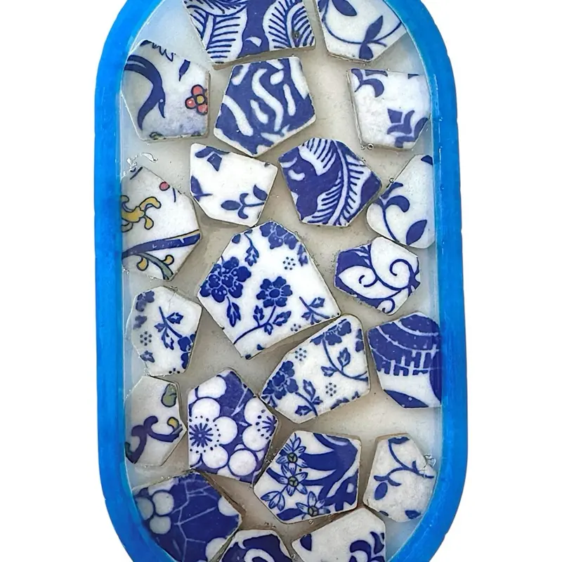 Classy Ashtray Handmade Blue Vintage Tile Mosaic Multi Use Tray Shallow Clear Blue Resin with White Hints Unique Art Piece