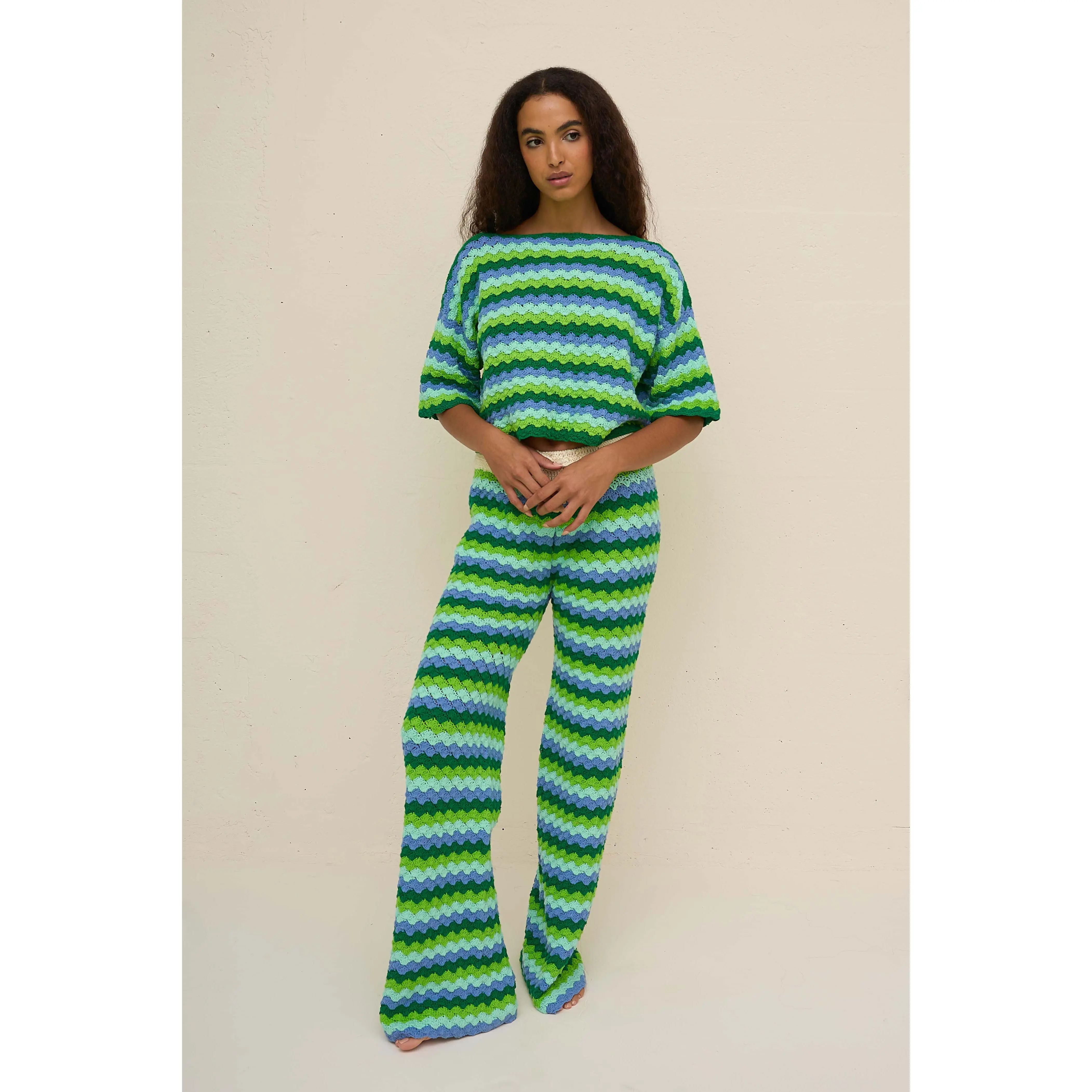 Shell Wave Crochet Pants for Women, Bohemian High Waisted Wide Leg Bottoms, Hollow Out Beach Cover Up, Bottom, Lady, Wave Pattern, Casual Wear, Boho Hippie Pants, Flared Fold-Over Bottoms Pants
