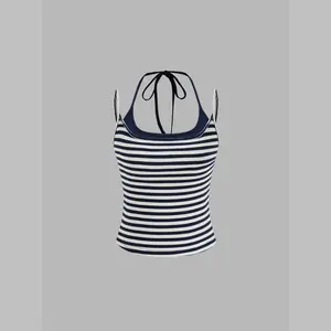 Cider Cotton-blend Two Tone Halter Neckline Stripe Cami Top SummerWins Dealsforyou