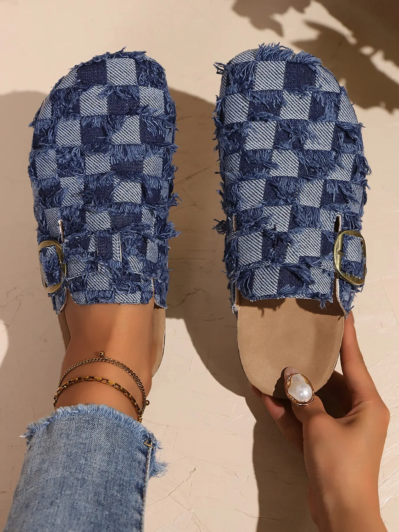 Women's Denim Fringe Checkered Slip-On Shoes, Soft Wood Sole, Round Toe, Casual Style, Less Than Ankle Height, Dual Color Options, Casual Wear Shoes