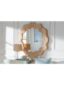 bali & pari 193271456178 Hasana Coastal Scalloped Rattan Round Accent Wall Mirror, Natural