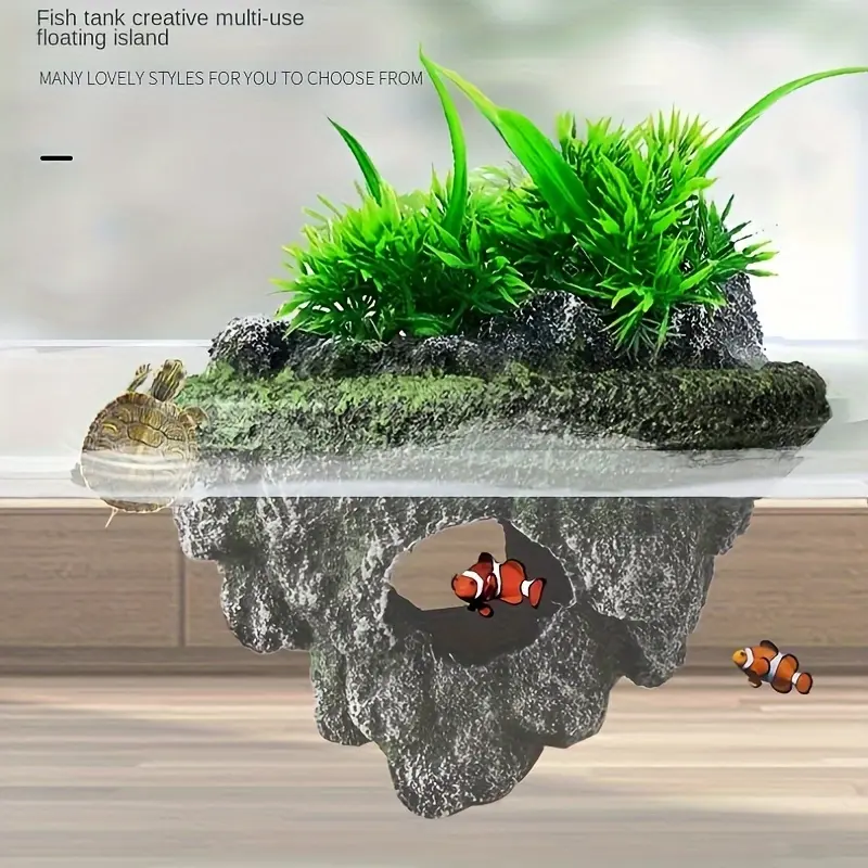 Aquarium Floating Island Decor with Artificial Greenery & ABS Floating Rock Ecological Scenery for Fish Tank Landscaping Natural Looking Environment