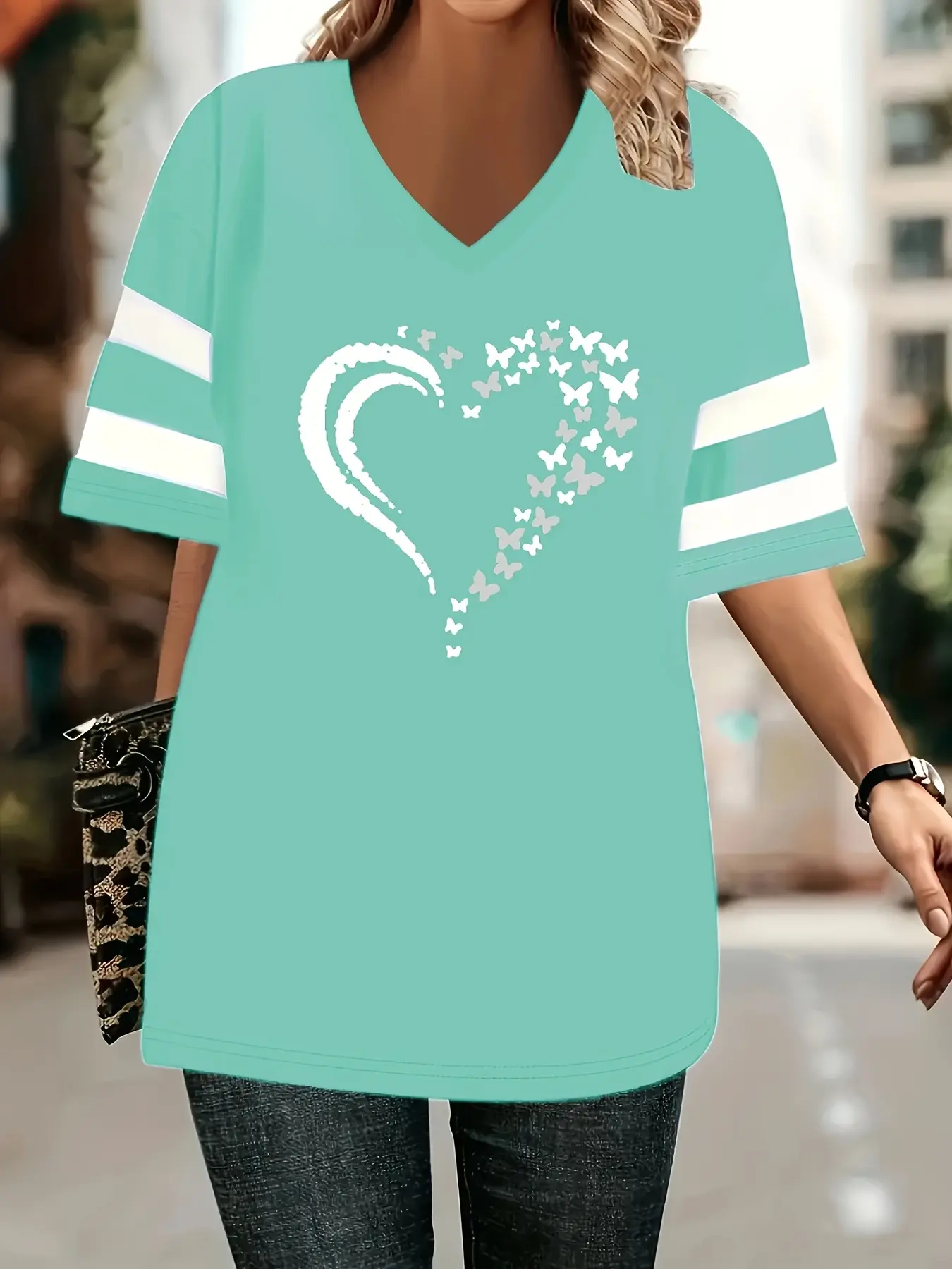 Digital Print Heart Colorblock Loose Fit Short Sleeve T-Shirt, Spring Summer New Medium Length, Casual Fashion Clothes for Women