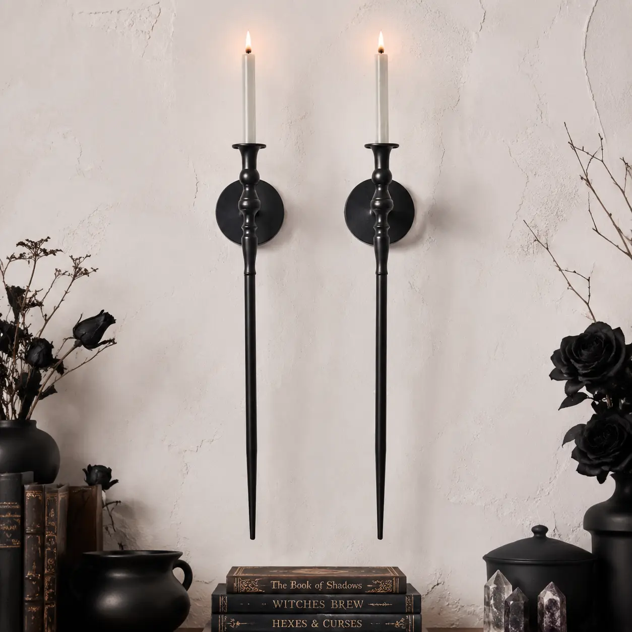 Elegant Wall Sconce Candlestick Holder Set of 2 Large Black Scepter Gothic Metal Wall Candle Holder 23.6 Inch Disc Diameter 0.78 Inch for Living Room Bathroom Dining Room Wedding Home Goods Ornaments