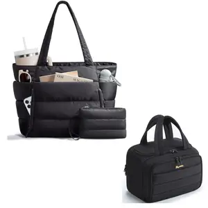 Bagstellar Puffer Tote Bag for Women with Toiletry Bag&Makeup Pouch, Large Work Laptop Bag, Lightweight Travel Bag with Zipper Gifts for Mom Wife Teacher Nurse Quilted Shoulder Handbag for School Gym