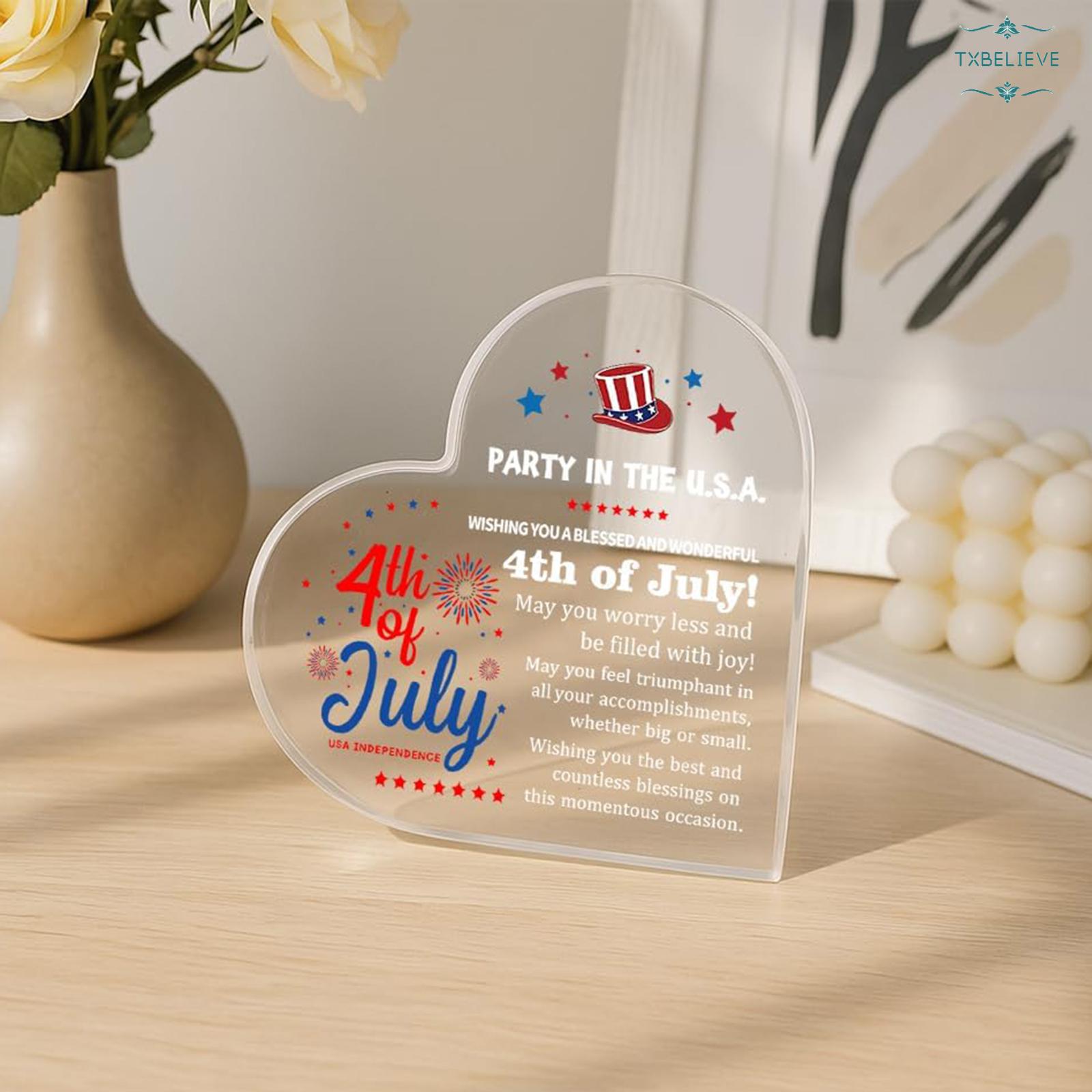 4th of July Gift Heart Shape Acrylic Ornament Block 3.9x3.9 inch for Women Patriotic Stars Stripes Home Desk Festive Glossy Finish
