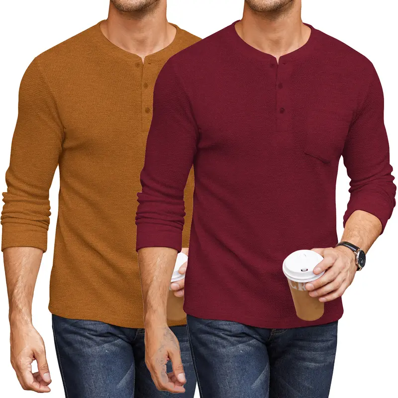 Fall Outfits Limited Time Clearance Men's Henley Shirts Long Sleeve Basic Waffle Pique Pullover Thin T-Shirt with Pocket（Run Small)