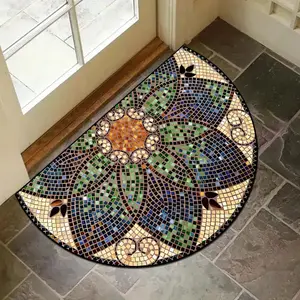 Vintage Half Round Entrance Rug, Home Courtyard Entryway Decor Door Mats, Washable Indoor Outdoor Floor Mat, Household Decorative Rug, Plant Leaf Design