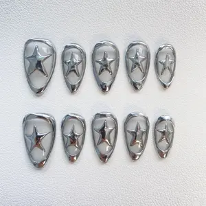 3D Star Slilver Chrome Inspired Press On Nails, Vibe Handpainted Freestyle Design Custom Hand-painted Almond Reusable Fake Nails