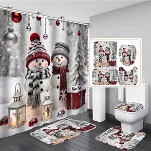 1/3/4PCS Christmas Style Snowmen with Lanterns and Gift Shower Curtain Set with Rugs, Non Slip Bath Mat, U-Shape Carpet, Toilet Lid Cover, Polyester Fabric Bathtub Curtain Accessories, 12 Hooks, Home Bathroom Festival Decor