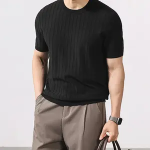 [Summer Vibes] Men’s slim-fit textured crew-neck cable knit top, summer casual short-sleeve knit sweater, men’s everyday wear, streetwear, summer travel outfit