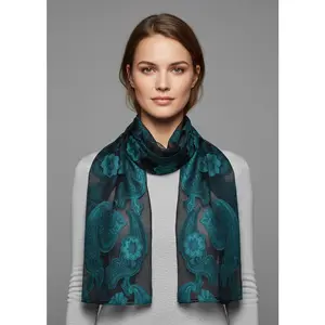 Summer Fashion Lightweight Floral Embroidered Burnout Scarf (Paisley Black Teal)