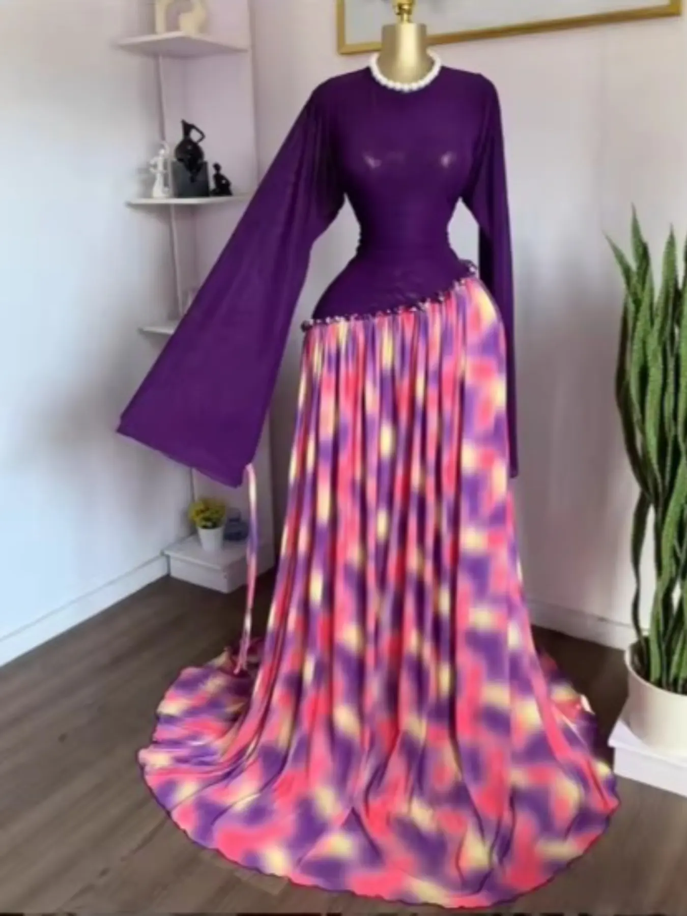 PULKRITU Women's Long Sleeve Fitted O-Neck Dress, Party Gown for Spring Birthdays, Evening Wear Long Dresses, Formal Wear, Elegant Party Dress, Tie Dye Print Patchwork Maxi A-Line Dresses, Ladies Valentine's Day Mesh Patchwork Skew Waist Dress