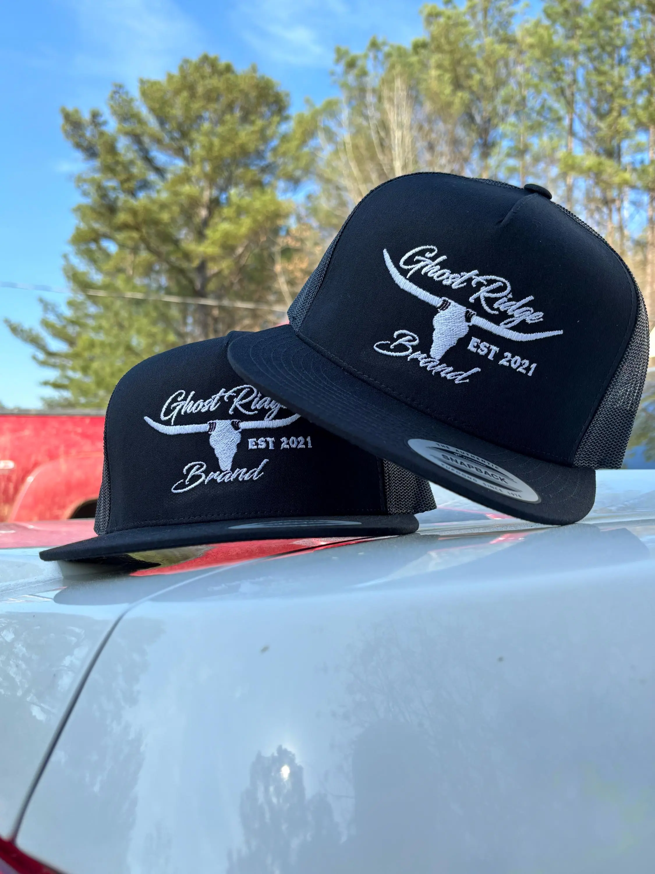 Ghost Ridge Mens Trucker Hat - Black with White Logo, EST 2021 Text, Adjustable Fit, Ideal for Outdoor Activities, Mens Hats