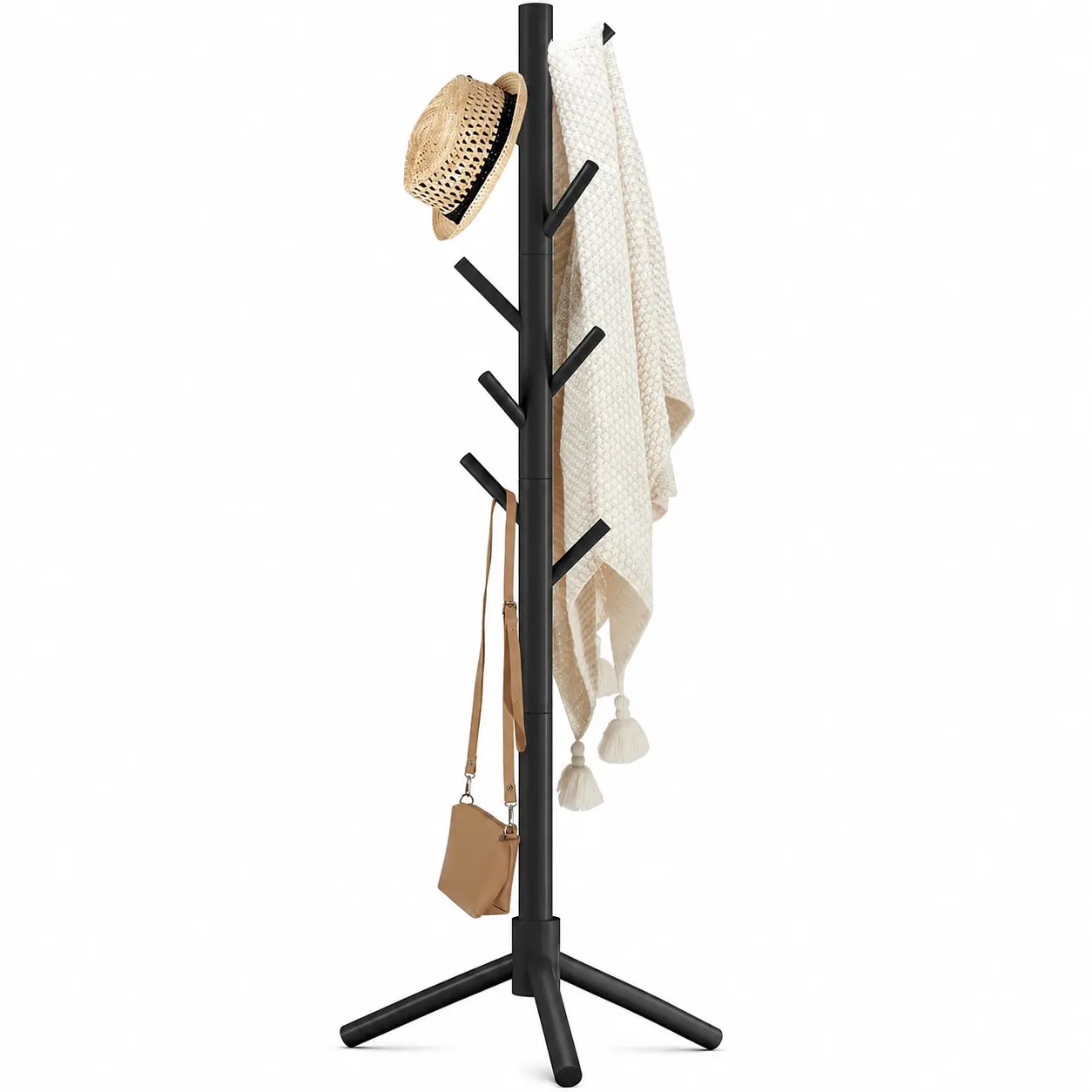 Wooden Coat Rack Stand with 8 Hooks, Adjustable Height Freestanding Coat Tree Rack, New Zealand Pine Entryway Clothes Hanger for Hats, Coats, Scarves, Bags & Bedroom Office Storage