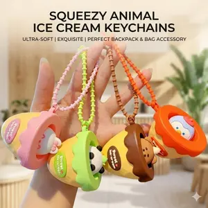 Cute Squeezy Animal Ice Cream Keychain - Kawaii Silicone Fidget Stress Relief Toy, Aesthetic Bag Charm & Backpack Accessory, Perfect Birthday Party Favor