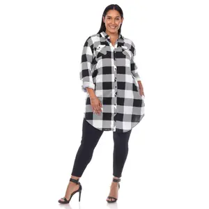 212 MAIN Lady's Plus Size Casual Fit Longsleeves Love Yarn-Dyed Plaid Blouse - Women's Button-Down Black & White Shirt, Roll Cuff, Machine Washable, PS17558-01-3X (3XL), Top, Tunic