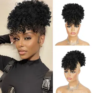 Short Kinky Curly Afro Puff Hairpiece | Fluffy Drawstring Ponytail with Bangs | Synthetic African Curly Bun Extension