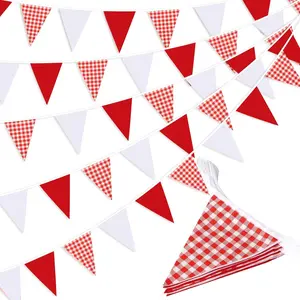 Red Plaid Checkered White Pennant Banner Flag Triangle Bunting Garland Decorations for Wedding Birthday Carnival Christmas Outdoor Home Festivals 33 Feet 30 Pcs