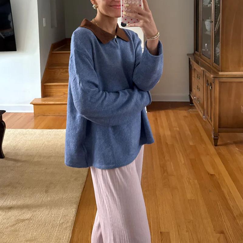 Women Y2k Color Block Polo Sweaters Long Sleeve Lapel Loose Knitted Tops Preppy Teens Oversized Jumper Tops Party Streetwear