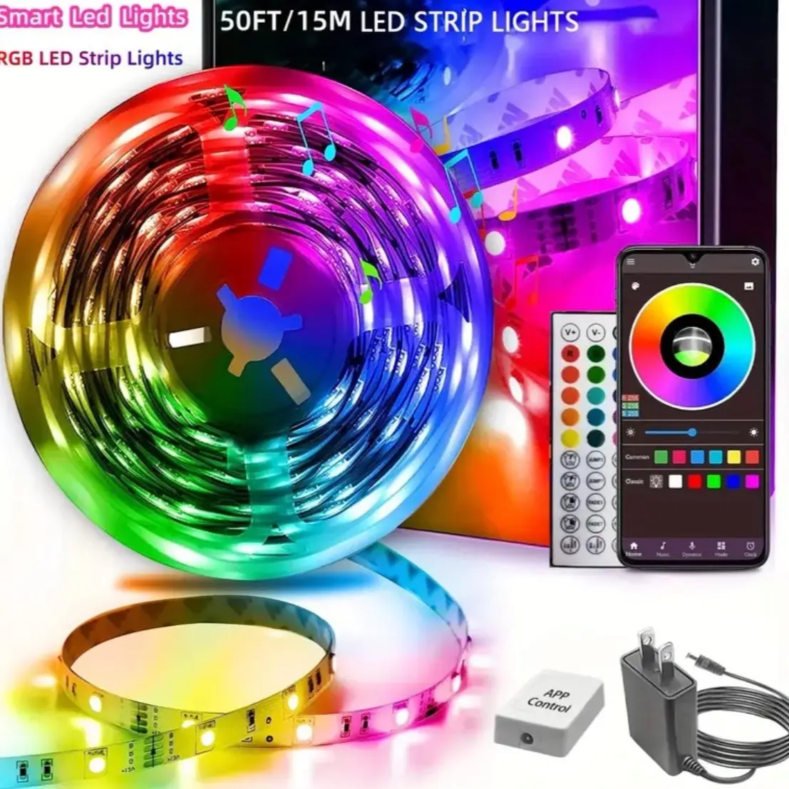 100ft(2 rolls 50ft Smart LED Strip Lights with Music Sync, App Control, and Remote - RGB Color Changing for Bedroom, Living Room, and Party Decoration