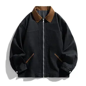 Men's Black Reversible Jacket with Front Zipper - Brown Collar, Workwear Design, Oversized Fit