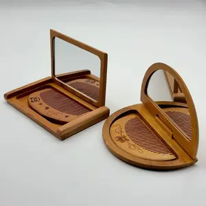 Vintage Peach Wood Folding Mirror with Comb Suit-Portable, Carved Design, Suitable for Travel and Home DecorationFashion