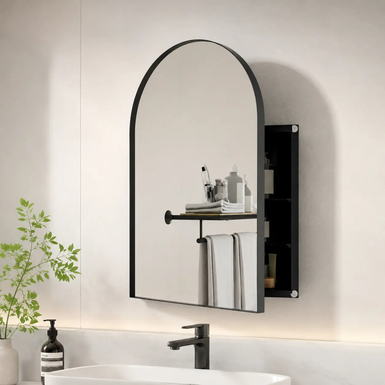 littleox 18x24 Inch Metal Corner Medicine Cabinet with Arched Mirror, Adjustable Glass Shelves, Space-Saving Bathroom Storage Organizer for Small Spaces, Matte Black