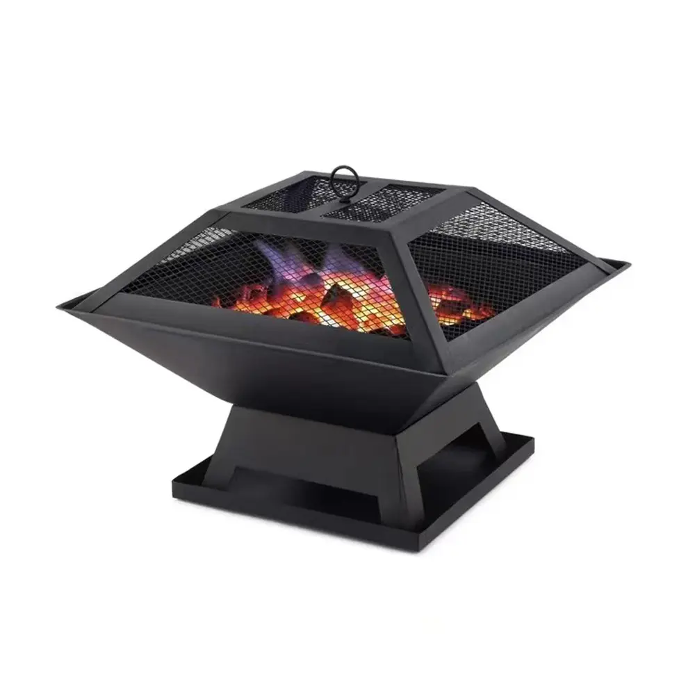 Square Portable Fire Pit – Heavy Duty Outdoor Wood Burning Fireplace with Mesh Spark Screen, BBQ Grill Grate, Poker, Easy Assembly Garden Patio Camping Heater