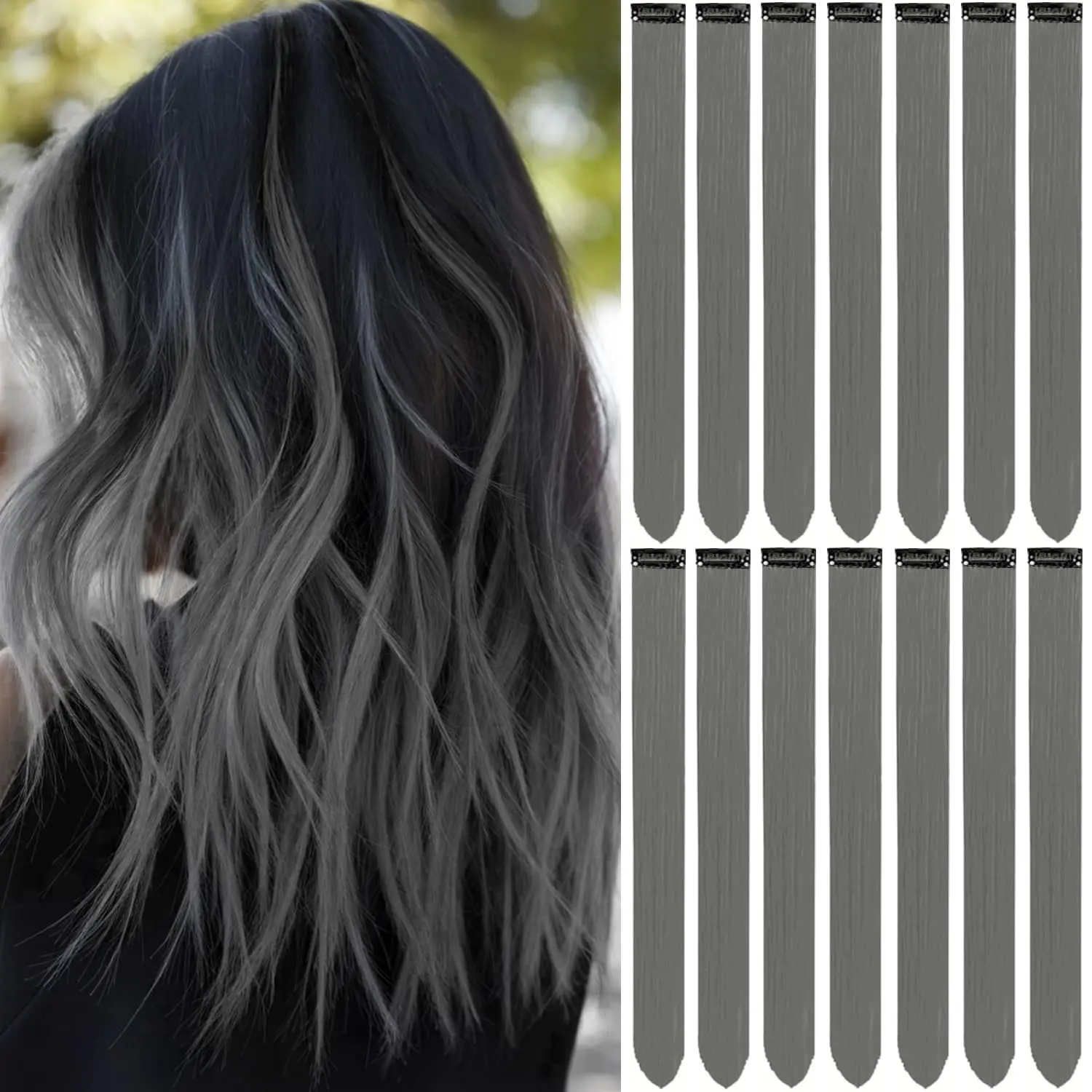 Women's Synthetic Clip Hair Extensions - 14-Count 22in Individual Packs, Heat Resistant Rainbow Dark Gray Long Straight Casual Hairpieces for Hair Styling, St. Patrick’s Day Highlights