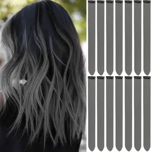 Colored Hair Extensions 14 count, 22 In Rainbow Gray Clip in Hair Extensions Party Highlights, Colorful Long Straight Synthetic Hairpieces for Girls Women  (Dark Grey)