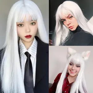 White Straight Long Wigs for Women with Flat Bangs Synthetic Hair Natural Looking Halloween Cosplay Daily Wig