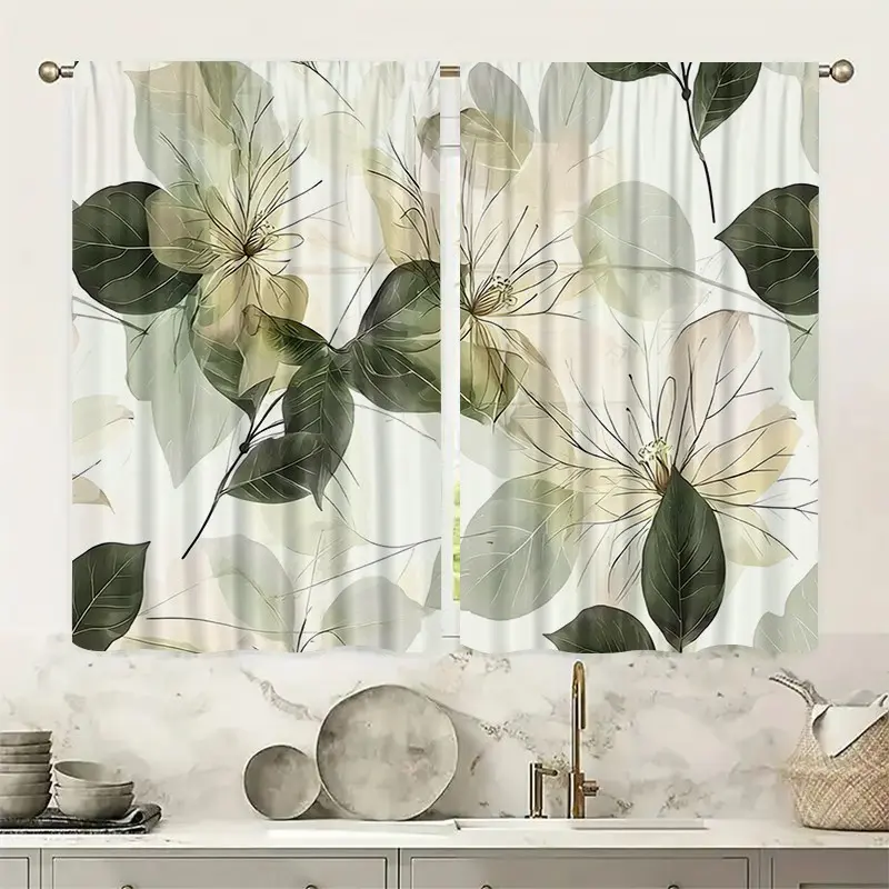 2 pieces of leaf and flower printed fabric. Installed by pocket rod system. Digital printing Window Drapes. Suitable for living room, closet, bedroom, study, dining room and home decoration.