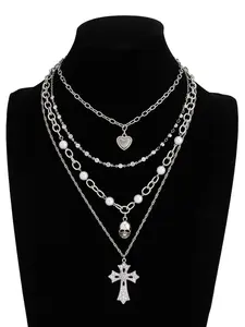 Punk Sweet Cool Multi-Layer Necklace Set, Pearl Metal Rhinestone Skull Heart Cross Pendant, Daily Streetwear Girl Jewelry