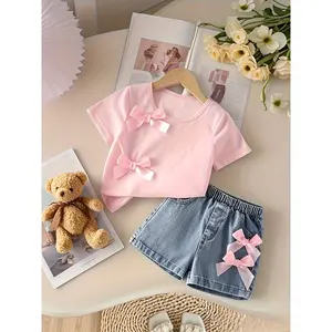 Cute Y2K Style Pink T-shirt+denim Shorts Set, 2pcs Of Girls' Denim Clothing with Bow Design, Suitable for Outdoor Daily Travel Outfit, Perfect for Outdoor