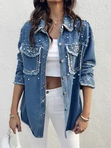 European and American women's casual denim jacket with contrasting colors, bright pearl long sleeved water diamond top, personalized fashion, and fringed women's autumn jacket Womenswear
