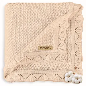 Knitted Baby Blanket for Boys & Girls, 100% Cotton Receiving Swaddle Crib & Stroller Blanket for Newborns, Infants, Toddlers, Cream, 40 x 31 Inches