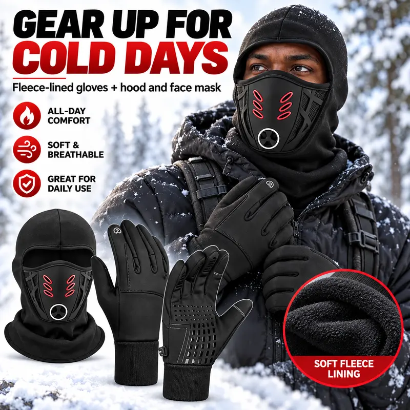 Winter Balaclava Face Mask and Touchscreen Gloves Set for Men and Women, Full-Coverage Hood with Warm Fleece-Lined Anti-Slip Gloves for Cycling, Running and Outdoor Activities,sohochic